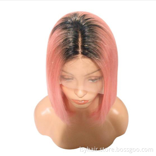 Lsy natural hairline middle part ombre pink bob wig 100% human hair,  best quality glueless bob wigs color rose gold lace wig